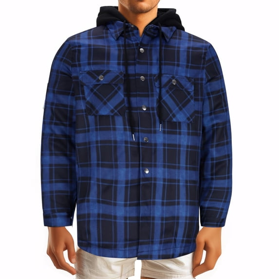Nfhtoj Hoodie for Men Plaid Flannels Shirts Long Sleeve Casual Button Down Shirt Regular Fit Drawstring Hooded Jackets for Men