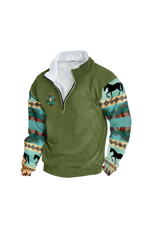 Jackets for Men Western Aztec Ethnic Print Vintage Top Long Sleeve Shirt Stand Collar Zip Up Pullover Coat Western Country Sweatshirts for Men