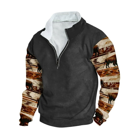 Nfhtoj Men's Aztec Western Sweatshirt 1/4 Zip Up Pullover Jackets Cowboy Warm Hoodie Shirt Stand Collar Casual Long Sleeve Western Country Sweatshirts