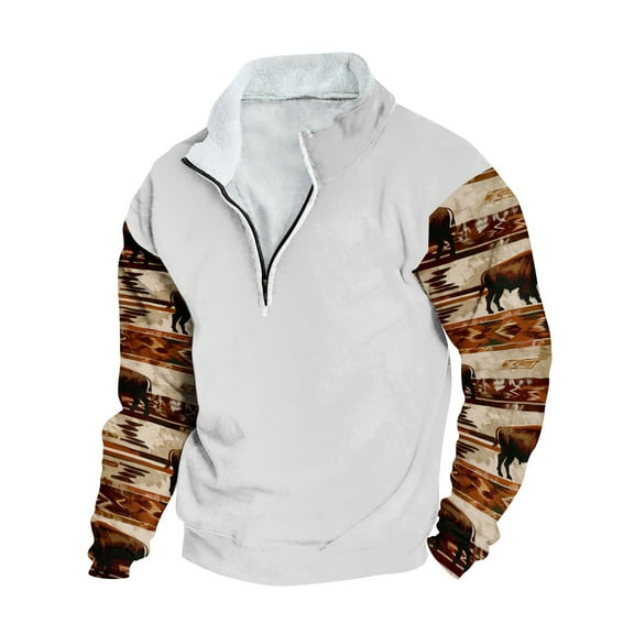 Nfhtoj Men's Aztec Western Sweatshirt 1/4 Zip Up Pullover Jackets Cowboy Warm Hoodie Shirt Stand Collar Casual Long Sleeve Western Country Sweatshirts
