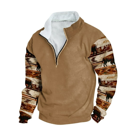 Nfhtoj Men's Aztec Western Sweatshirt 1/4 Zip Up Pullover Jackets Cowboy Warm Hoodie Shirt Stand Collar Casual Long Sleeve Western Country Sweatshirts