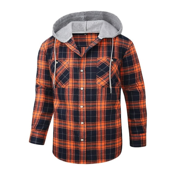 Nfhtoj Men's Long Sleeve Quilted Lined Flannel Shirt Jacket with Hood Plaid Button Down Shirts for Men Long Sleeve Outerwear Jackets