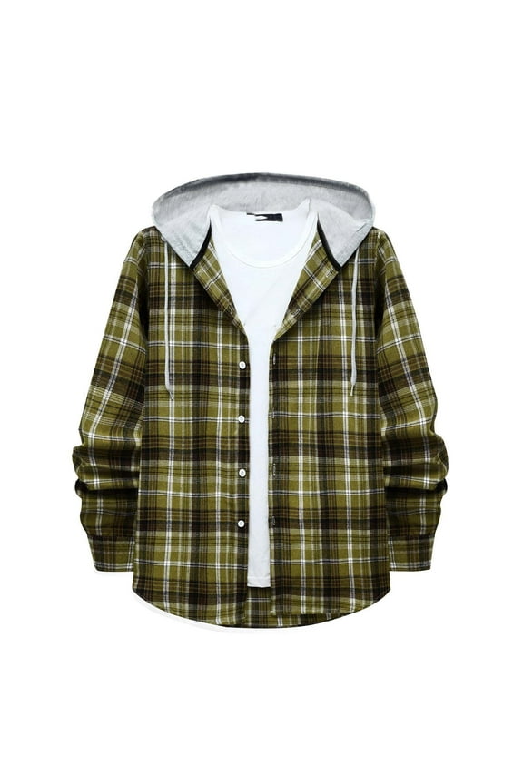Men's Plaid Hoodie Flannel Shirt Jacket Casual Button Down Long Sleeve Lightweight Regular Fit Hooded Shacket Jackets Drawstring Plaid Shirts