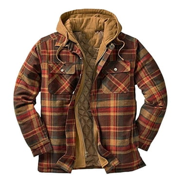 Nfhtoj Men's Quilted Lined Flannel Hooded Shirt Jacket, Soft Warm Long Sleeve Outdoor Cotton Plaid Shirt Jackets Outerwear