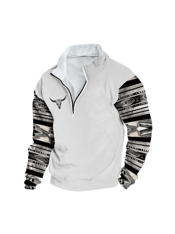 Men's Western Aztec Sweatshirts Ethnic Print Graphic Patchwork Hoodies 1/4 Zip Up Slim Casual Pullover Tops Western Country Jackets for Men