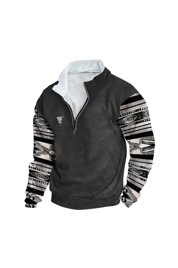 Men's Western Aztec Sweatshirts Ethnic Print Graphic Patchwork Hoodies 1/4 Zip Up Slim Casual Pullover Tops Western Country Jackets for Men