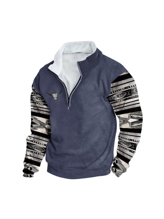 Men's Western Aztec Sweatshirts Ethnic Print Graphic Patchwork Hoodies 1/4 Zip Up Slim Casual Pullover Tops Western Country Jackets for Men