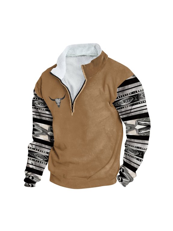Men's Western Aztec Sweatshirts Ethnic Print Graphic Patchwork Hoodies 1/4 Zip Up Slim Casual Pullover Tops Western Country Jackets for Men