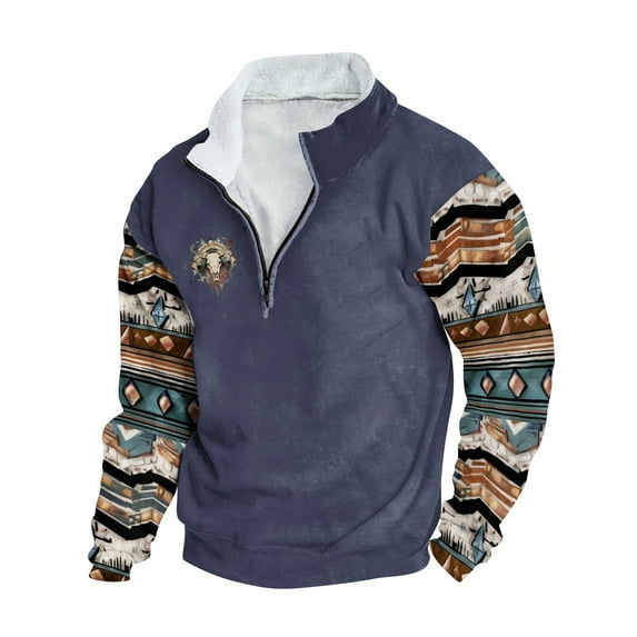 Nfhtoj Men's Western Sweatshirts Aztec Cowboy Vintage Graphic Sweatshirts Casual Long Sleeve Zip Up Pullover Sweater Western Sweatshirts for Men