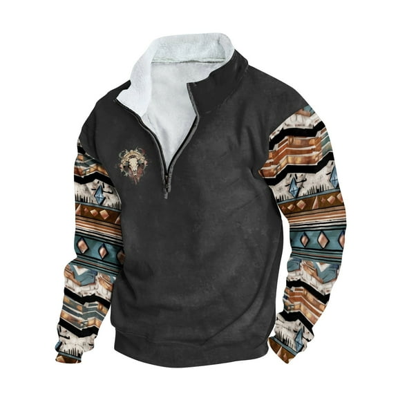 Nfhtoj Men's Western Sweatshirts Aztec Cowboy Vintage Graphic Sweatshirts Casual Long Sleeve Zip Up Pullover Sweater Western Sweatshirts for Men