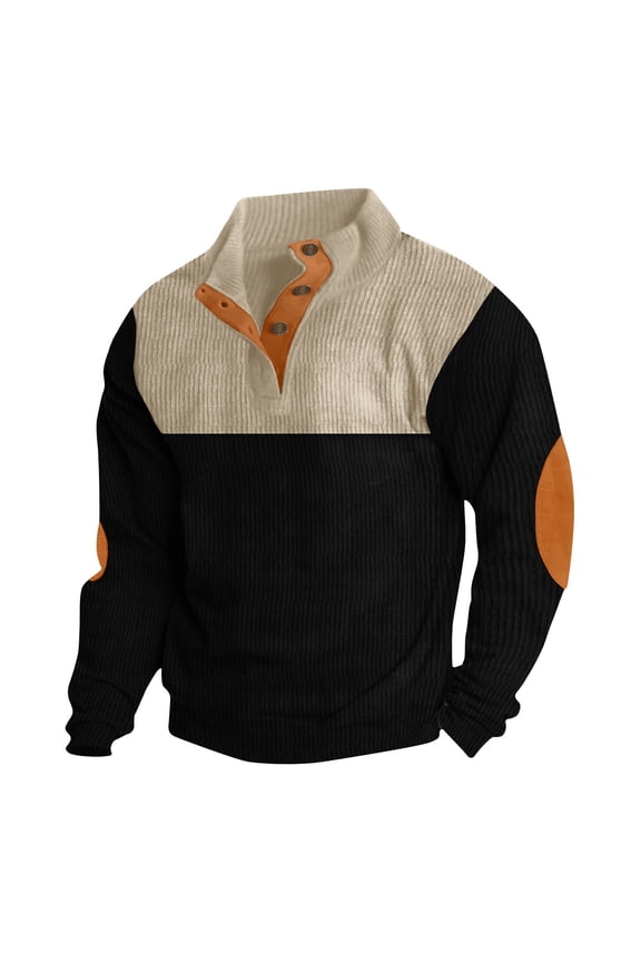 Mens Corduroy Sweater with Elbow Patches Long Sleeve Button Turtleneck Polo Shirts Vintage Sweatshirts for Men Hoodies for Men Sweater