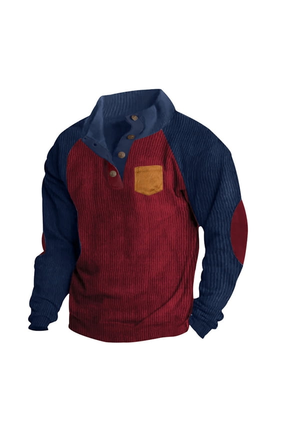Mens Sweatshirt Stand Collar Corduroy Polo Pullover Vintage Long Sleeve Button Sweatshirts Elbow Patches Sweater Fall Outfits for Men