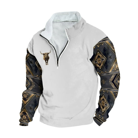 Nfhtoj Western Country for Men's Fashion Hoodies & Sweatshirts 1/4 Zip Pullover Mens Cowboy Western Aztec Lapel Sweatshirt Casual Print Pullover
