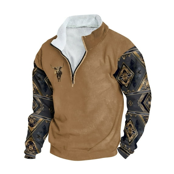Nfhtoj Western Country for Men's Fashion Hoodies & Sweatshirts 1/4 Zip Pullover Mens Cowboy Western Aztec Lapel Sweatshirt Casual Print Pullover