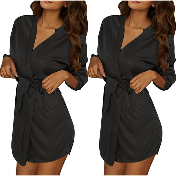 Nfurl 2 Pack Kimono Robes for Women Lightweight Solid Color Lace Trim 3/4 Sleeve Bathrobes Soft Sleepwear Elegant Ladies Housecoats Black Free Size