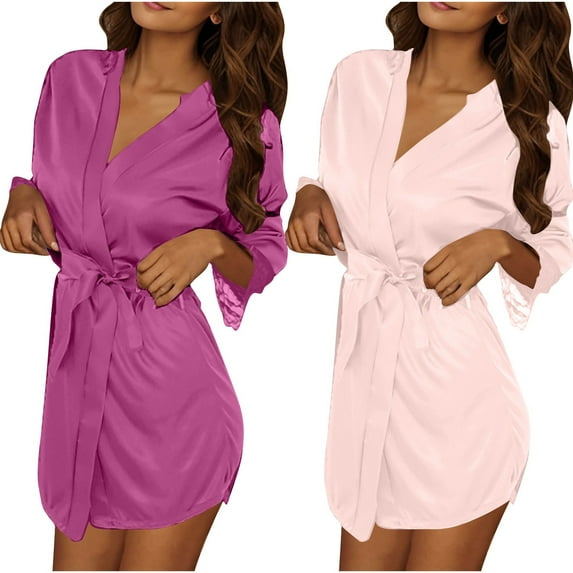 Nfurl 2 Pack Kimono Short Robes for Women Lightweight Pure Color Lace Trim Elbow Sleeve Sleepwear Comfy Spa Bathrobe Ladies Nightgowns Beige Free Size
