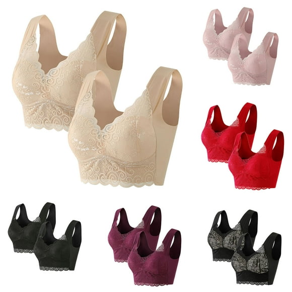 Nfurl 2 Pack Longline Bras for Women Push Up Padded Bras No Underwire Seamless Bra Soft Elegant Pullover Bralettes Smooth Back Lace Bras with Light Lift