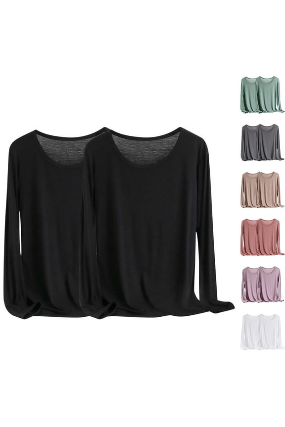 2 Pack Undershirts for Women Long Sleeve T Shirt Plus Size Thin Tshirts Solid Color Stretch Shirts Loose Fit Plain Shirt Comfy Modal Blouses