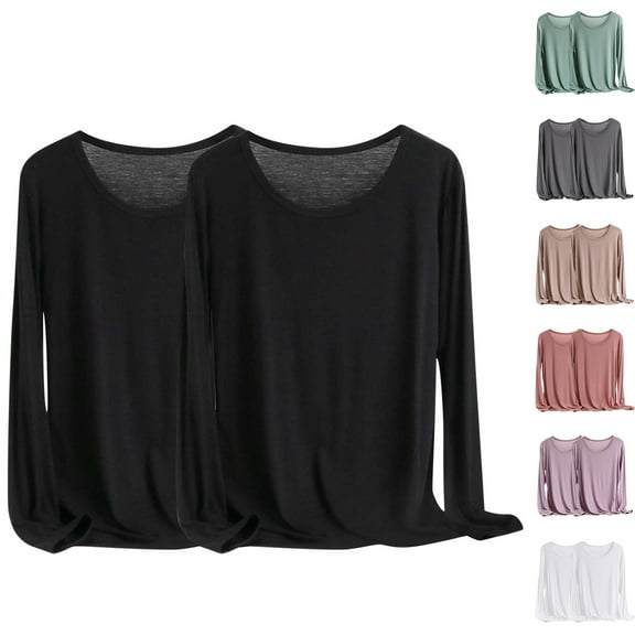 Nfurl 2 Pack Undershirts for Women Long Sleeve T Shirt Plus Size Thin Tshirts Solid Color Stretch Shirts Loose Fit Plain Shirt Comfy Modal Blouses
