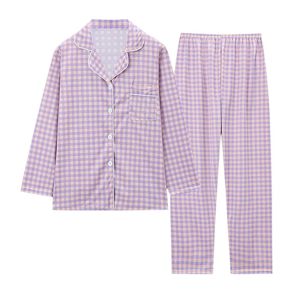 Nfurl 2 Piece Pajamas Sets for Women Long Sleeve Button Sleepwear with Pants Comfy Petite Lounge Sets Ladies Fall Winter Matching Pjs Purple M