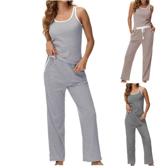 Nfurl 2 Piece Pajamas Sets for Women Trendy Striped Tank Tops and Night Trousers Petite Lounge Sets Ladies Night Suit Matching Pjs Black S