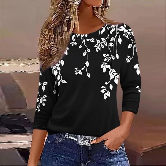 Nfurl 3/4 Sleeve Women's Blouses Elegant Floral Printed Round Neck Going Out Tunic Tops Business Casual Work Tops Ladies Spring Blouses Black XXXXL