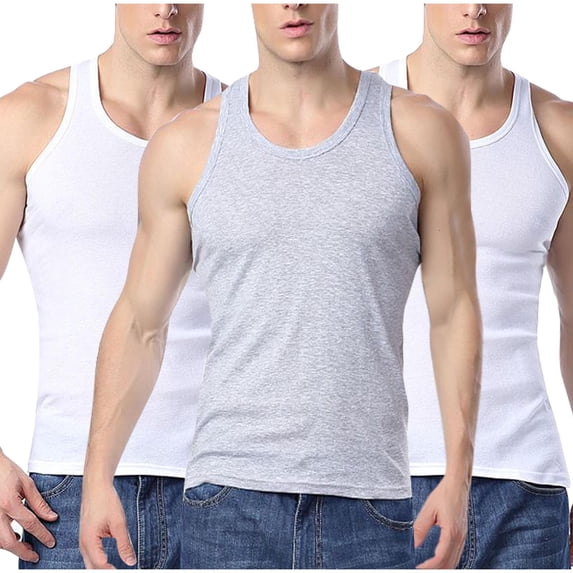 Nfurl 3 Pack Mens Cotton Tank Tops Soft Solid Color Sleeveless Workout Undershirts Gym Running Mositure Wicking Basic Vests Muscle Tank Tops Clear L