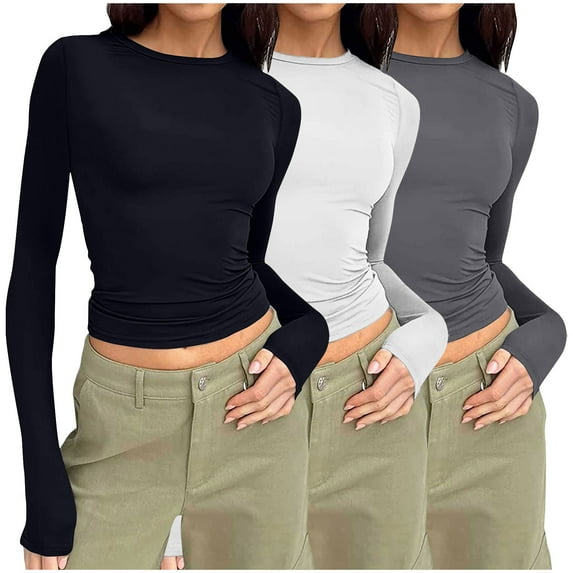 Nfurl 3 Pack Shirts for Women Slim Fitted Long Sleeve Crop Tops Y2k Clothes Stretchy Crew Neck Solid Color Tshirt Going Out Top Dark Gray XS
