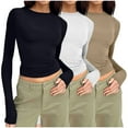 thumbnail image 1 of Nfurl 3 Pack Shirts for Women Slim Fitted Long Sleeve Crop Tops Y2k Clothes Stretchy Crew Neck Solid Color Tshirt Going Out Top Khaki L, 1 of 4