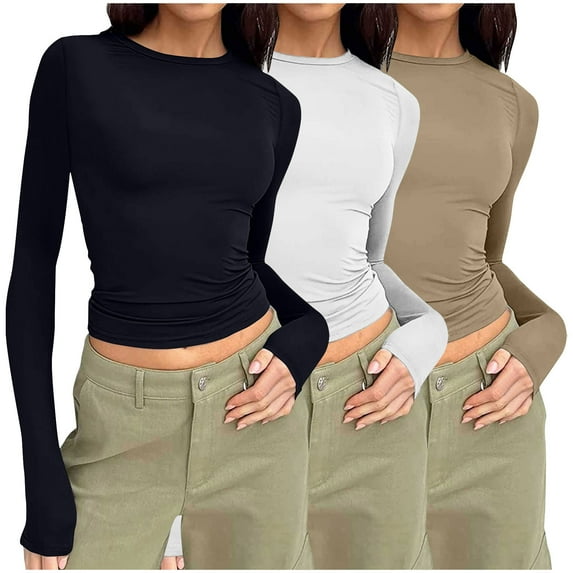 Nfurl 3 Pack Shirts for Women Slim Fitted Long Sleeve Crop Tops Y2k Clothes Stretchy Crew Neck Solid Color Tshirt Going Out Top Khaki L