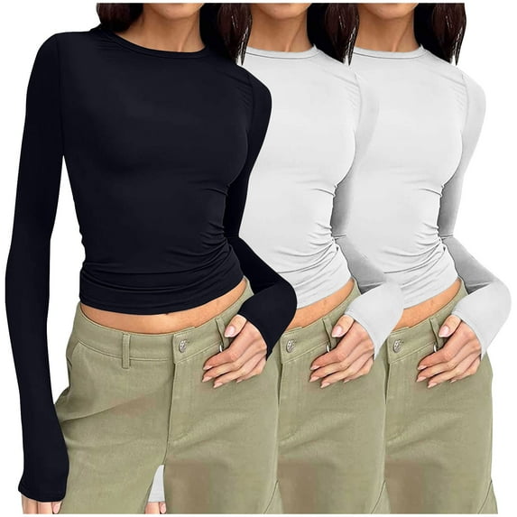 Nfurl 3 Pack Shirts for Women Slim Fitted Long Sleeve Crop Tops Y2k Clothes Stretchy Crew Neck Solid Color Tshirt Going Out Top White L
