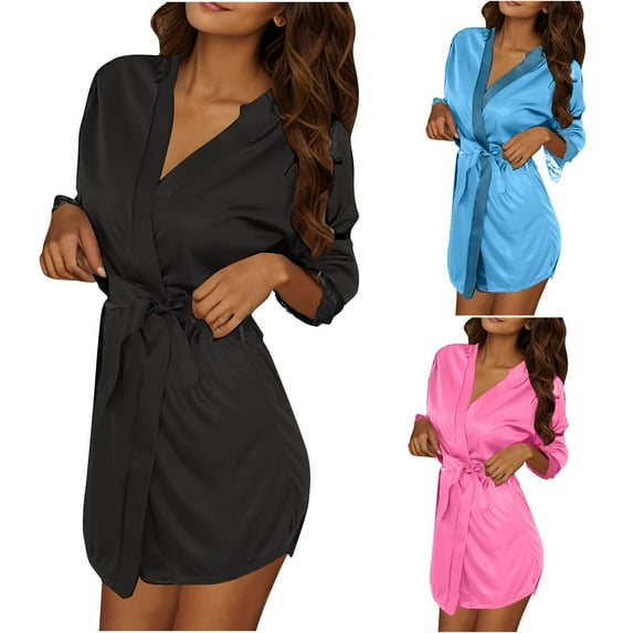 Nfurl 3 Pack Womens Kimono Style Short Robes Lightweight Spa Robe Comfy Solid Color 3/4 Sleeve Housecoats Sleepwear Trendy Bathrobes Hot Pink Free Size