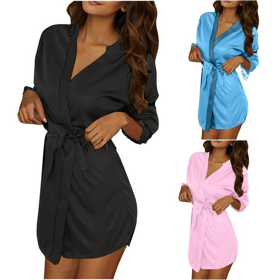 Nfurl 3 Pack Womens Kimono Style Short Robes Lightweight Spa Robe Comfy Solid Color 3/4 Sleeve Housecoats Sleepwear Trendy Bathrobes Pink Free Size