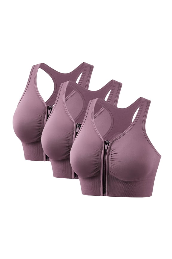 3 Pack Zipper Front Sports Bra for Women Racerback Sport Bra with Padded Wirefree Front Closure Bras Workout Crop Top Running Yoga Bra Purple XXXXL