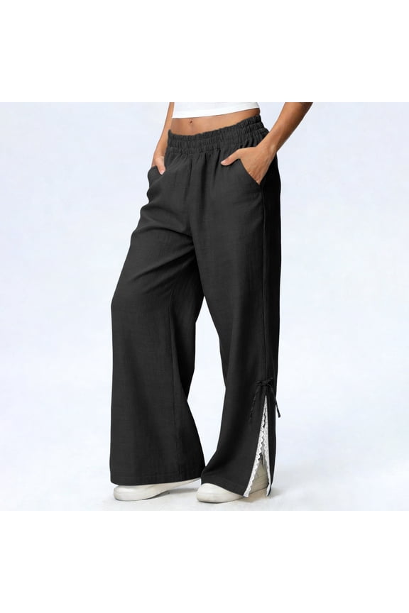 Baggy Wide Leg Pants for Women Dressy Casual Linen Palazzo Pants with Pockets Trendy Side Split Open Bottom Elastic Waist Trousers Pants Black L