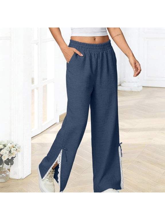 Baggy Wide Leg Pants for Women Dressy Casual Linen Palazzo Pants with Pockets Trendy Side Split Open Bottom Elastic Waist Trousers Pants Navy XXL