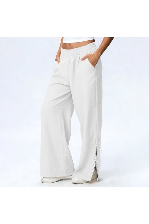 Baggy Wide Leg Pants for Women Dressy Casual Linen Palazzo Pants with Pockets Trendy Side Split Open Bottom Elastic Waist Trousers Pants White XL