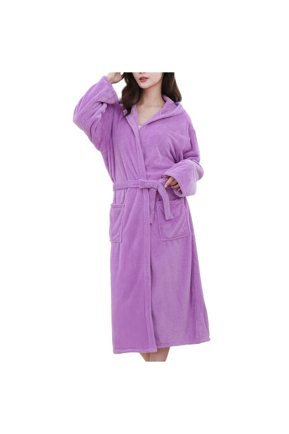 Bathrobes for Women with Pockets Maxi Length Long Sleeve Fluffy Robes Soft Sleepwear Comfy Terry Cloth Spa Robe Ladies Bathrobe Purple Free Size