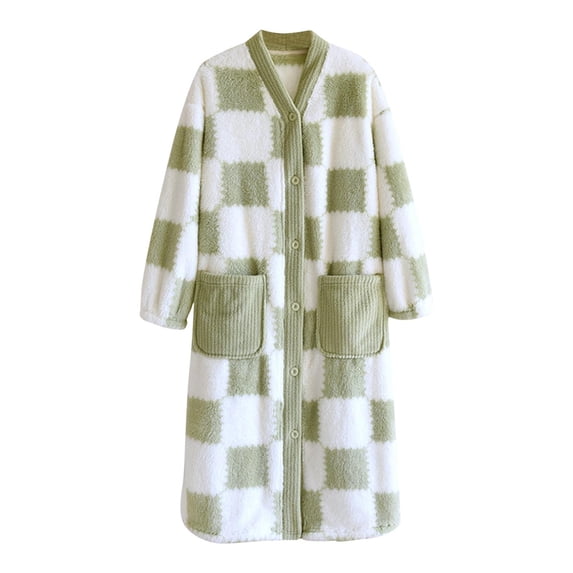 Nfurl Bathrobes for Women Soft Fleece Button Front Robes with Pockets Warm Cozy Long Sleeve Bath Robe Ladies Housecoats Comfy Sleepwear Loungewear Green,M
