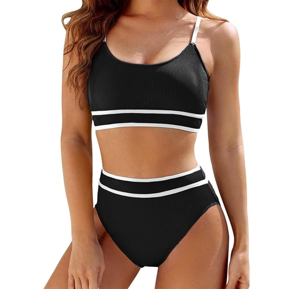 Nfurl Bikini Sets for Women High Waisted Bathing Suits 2 Piece Bikini Swimsuits Summer Vacation Beach Wear Womens Swim Suits Black,M