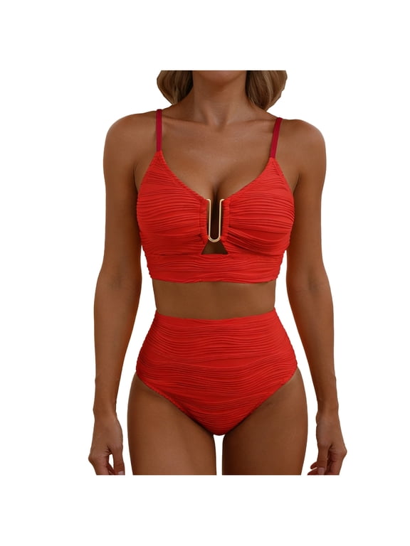 Bikini Sets for Women High Waisted Bathing Suits Tummy Control Swimsuits Push up Bikini Tops Summer Swimwear Vacation Beach Wear Red,L