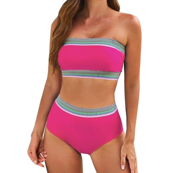 Nfurl Bikinis for Women 2 Piece Bathing Suits High Waisted Bandeau Bikini Tops Swim Suit Womens Swimwear Summer Vacation Beach Wear Hot Pink,XL