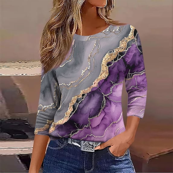 Nfurl Blouses for Women Dressy Casual Round Neck 3/4 Sleeve Shirts Elegant Floral Print Three Quarter Sleeve Tunic Tops Ladies Blouse Purple XL