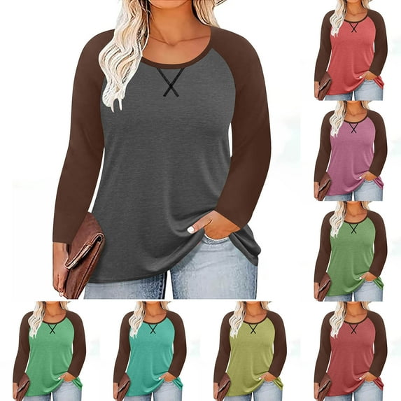 Nfurl Blouses for Women Plus Size Long Sleeve Colorblock Shirts Crewneck Ladies Fall Tops Red,Sizes S-5X
