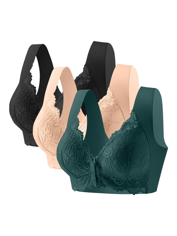 Bras for Women 3 Pack Front Closure Wide Strap Full Coverage Support Lift Bras for Sagging Breasts Push up Wireless Bralette Beige,XXL