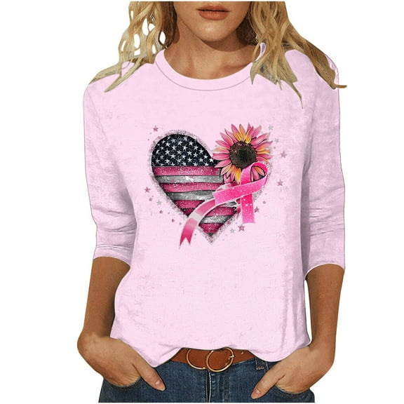Nfurl Breast Cancer Awarenees Shirts for Women Cute Ribbon Graphic Tees Flower Flag Printed T-shirts Casual Crewneck 3/4 Sleeve Tshirt Gifts for Survivors Pink M