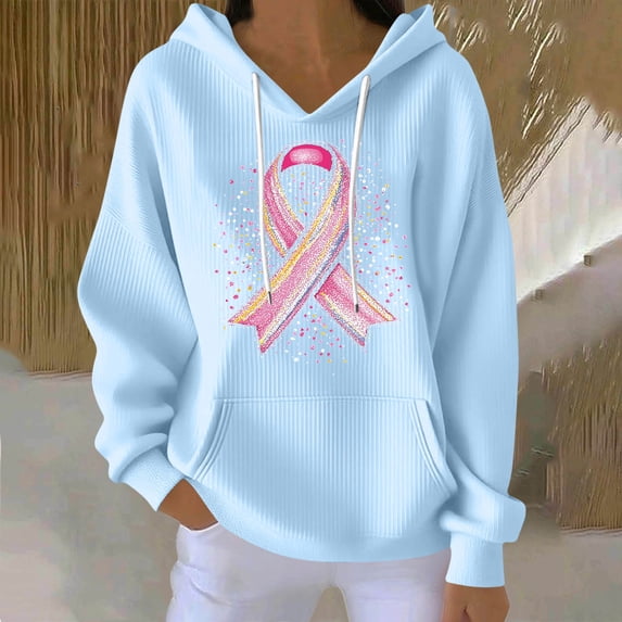 Nfurl Breast Cancer Awareness Shirts for Women Pink Ribbon Printed Long Sleeve Graphic Hoodies with Pockets Gifts for Breast Cancer Survivor Sky Blue,L