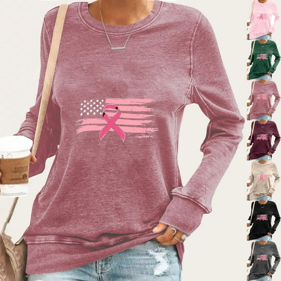 Nfurl Breast Cancer Awareness Shirts for Women Pink Ribbon Graphic Tees Flag Printed Long Sleeve Crewneck T Shirts Fall Tunic Tops Gray XXL