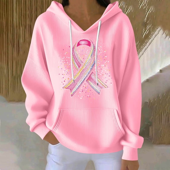 Nfurl Breast Cancer Awareness Shirts for Women Pink Ribbon Printed Long Sleeve Graphic Hoodies with Pockets Gifts for Breast Cancer Survivor Pink,S