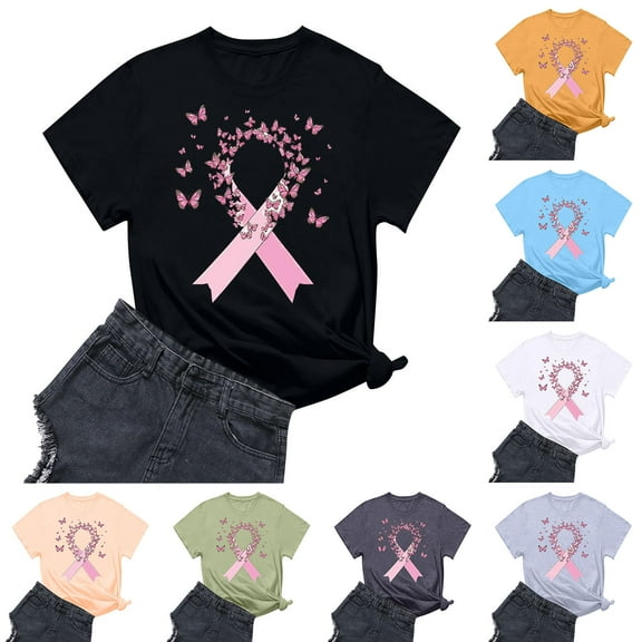 Nfurl Breast Cancer Awareness T Shirts for Women Plus Size Pink Ribbon Graphic Tees Inspirational Short Sleeve Crewneck Tshirt Gray XXXL
